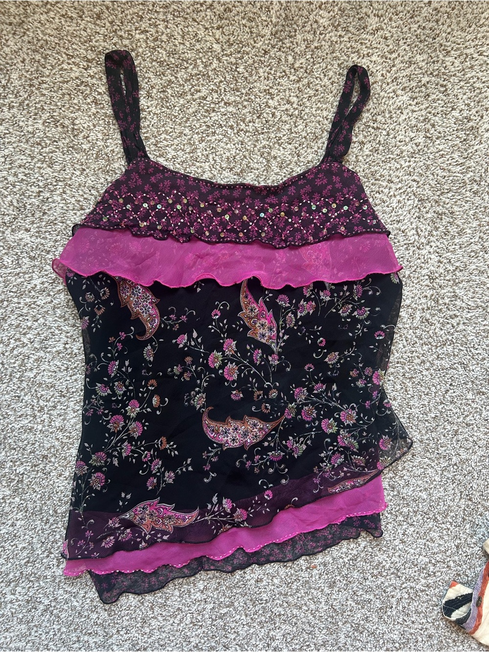 Women’s Black & Fuchsia Floral Ruffle Cami Top in Silk Blend